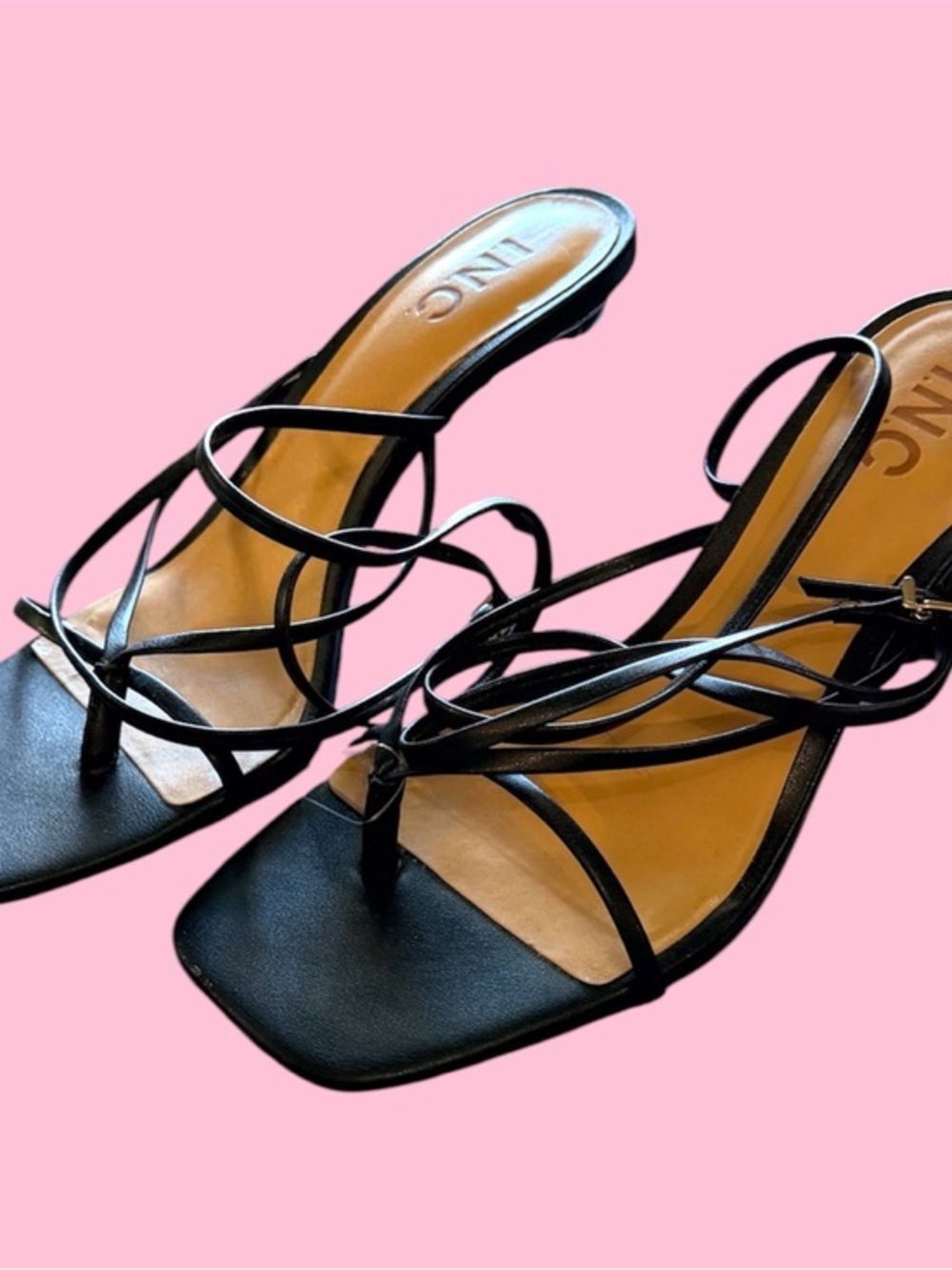 INC International Concepts Black Strappy Square-Toe Heeled Sandals